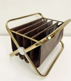 New Pamono Italian Brass and Leatherette Magazine Holder from Castelli, 1960s