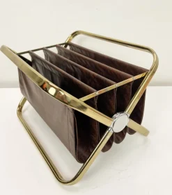 New Pamono Italian Brass and Leatherette Magazine Holder from Castelli, 1960s