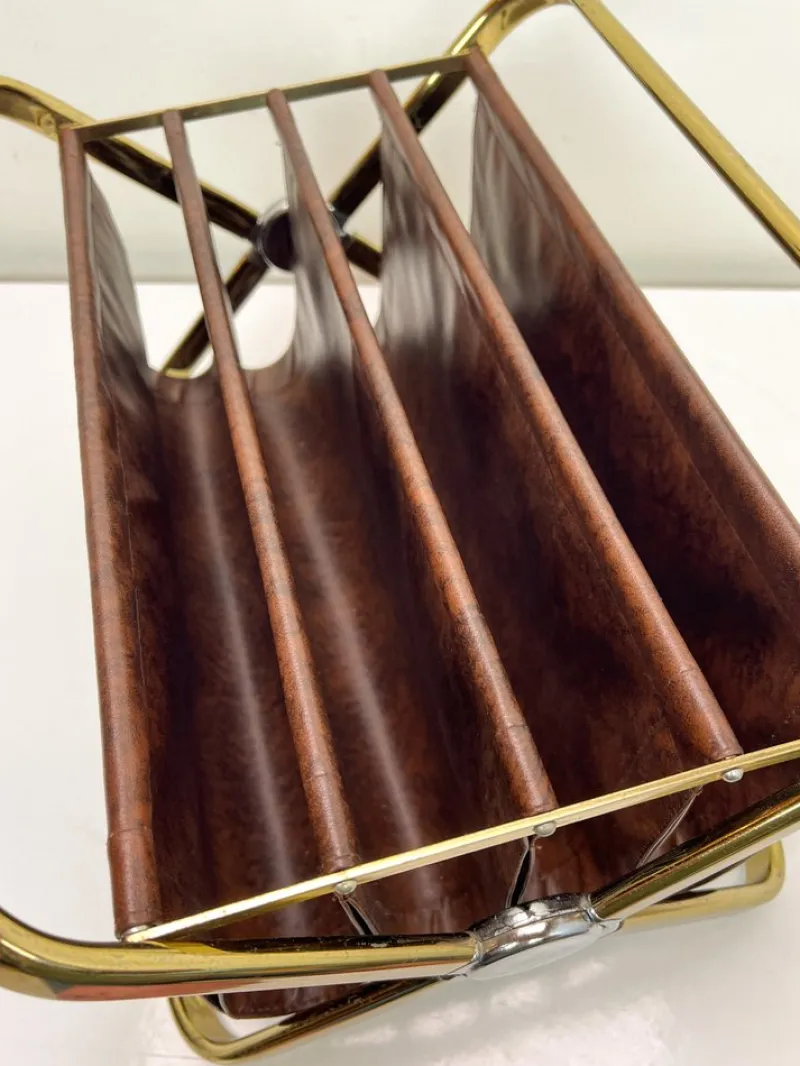 New Pamono Italian Brass and Leatherette Magazine Holder from Castelli, 1960s
