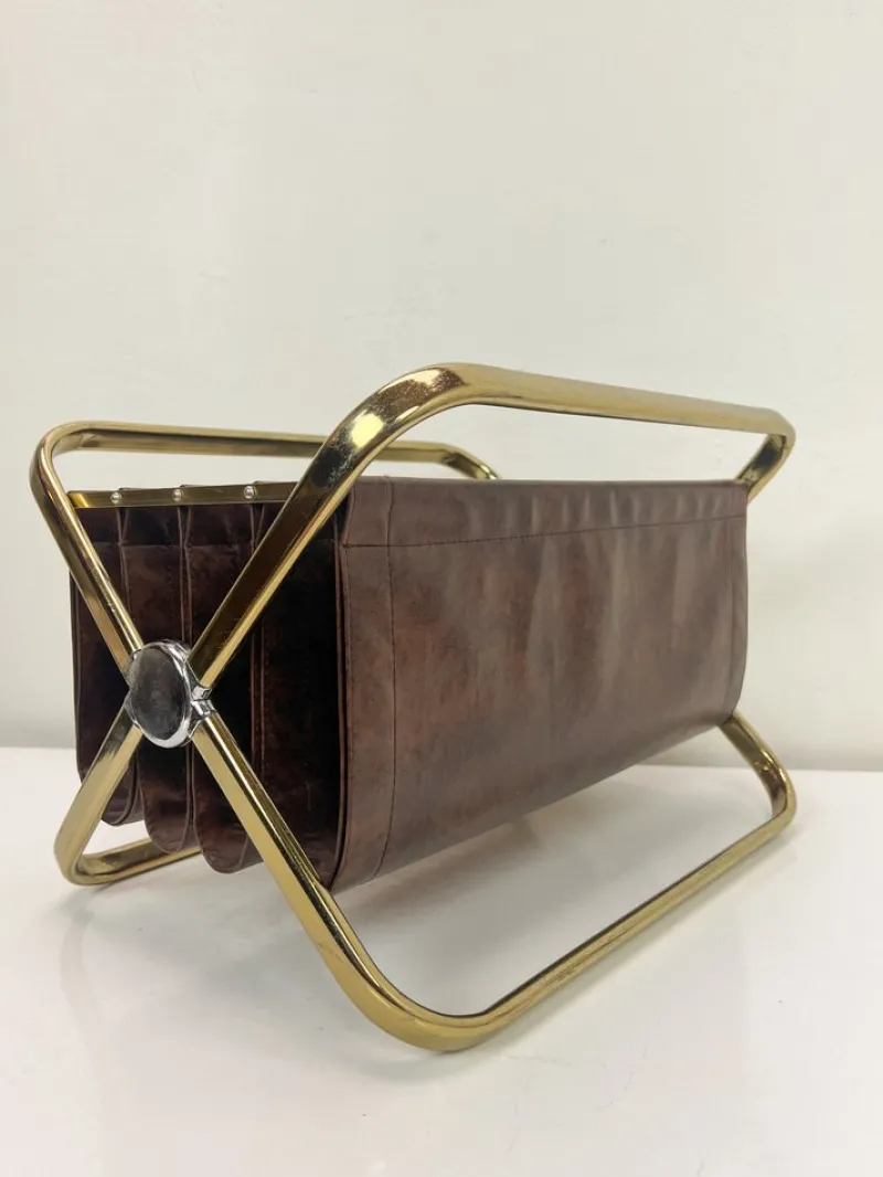 New Pamono Italian Brass and Leatherette Magazine Holder from Castelli, 1960s