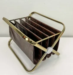 New Pamono Italian Brass and Leatherette Magazine Holder from Castelli, 1960s