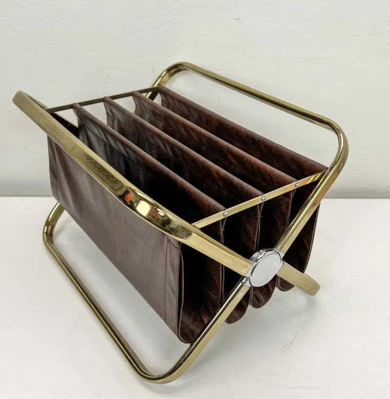 New Pamono Italian Brass and Leatherette Magazine Holder from Castelli, 1960s
