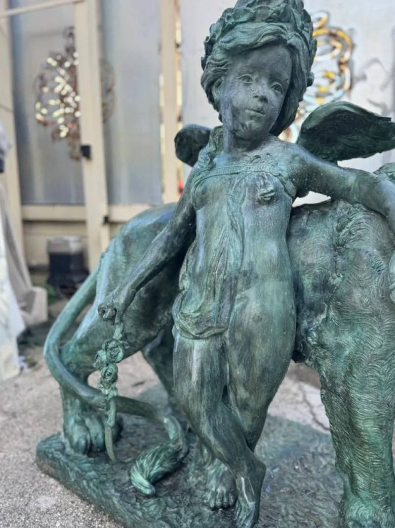 Sale Pamono Italian Bronze Lions and Cherubs Sculptures, 1890s, Set of 2