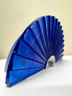 Pamono Italian Fan-Shaped Demi-Lune Wall Light in Blue Stepped Glass, 1980s><noscript><img width=