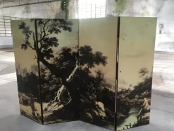 Best Pamono Italian Folding Screen with Bucolic Transfer-Painting, 1950s