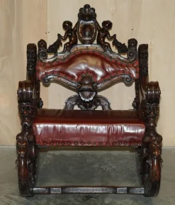 Online Pamono Italian Hand Carved Fruitwood & Leather Rocking Armchair, 1850s