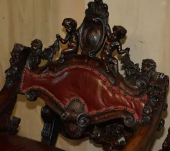 Online Pamono Italian Hand Carved Fruitwood & Leather Rocking Armchair, 1850s