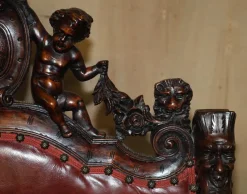 Online Pamono Italian Hand Carved Fruitwood & Leather Rocking Armchair, 1850s