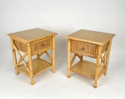 Pamono Italian Rattan Bedside Tables in Bamboo and Wood, 1980s> Nightstands