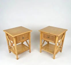 Pamono Italian Rattan Bedside Tables in Bamboo and Wood, 1980s><noscript><img width=