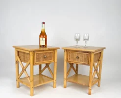 Pamono Italian Rattan Bedside Tables in Bamboo and Wood, 1980s><noscript><img width=