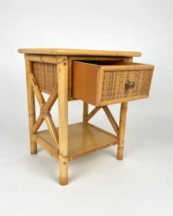 Pamono Italian Rattan Bedside Tables in Bamboo and Wood, 1980s><noscript><img width=