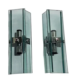 New Pamono Italian Space Age Wall Sconces in Chrome Metal and Tempered Crystal, 1970s, Set of 2
