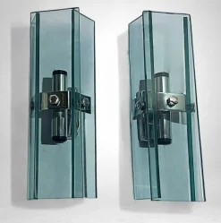 New Pamono Italian Space Age Wall Sconces in Chrome Metal and Tempered Crystal, 1970s, Set of 2