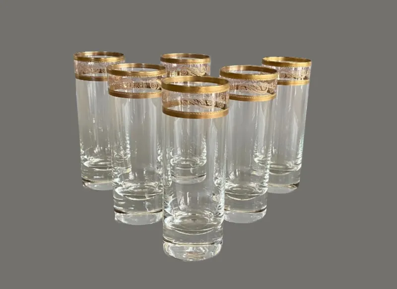 Pamono Italian Tall Tumbler-Shaped Crystal Glasses with Gold Rims and Scrollwork Motifs from Cellini, Italy, 1970s, Set of 6> Glassware