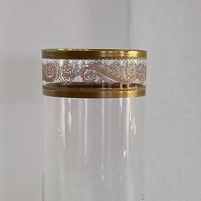 Pamono Italian Tall Tumbler-Shaped Crystal Glasses with Gold Rims and Scrollwork Motifs from Cellini, Italy, 1970s, Set of 6> Glassware