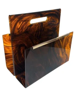 Pamono Italian Tortoiseshell Acrylic Glass and Brass Magazine Rack, 1975> Magazine Racks