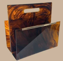 Pamono Italian Tortoiseshell Acrylic Glass and Brass Magazine Rack, 1975> Magazine Racks