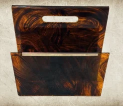 Pamono Italian Tortoiseshell Acrylic Glass and Brass Magazine Rack, 1975><noscript><img width=