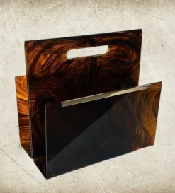 Pamono Italian Tortoiseshell Acrylic Glass and Brass Magazine Rack, 1975><noscript><img width=