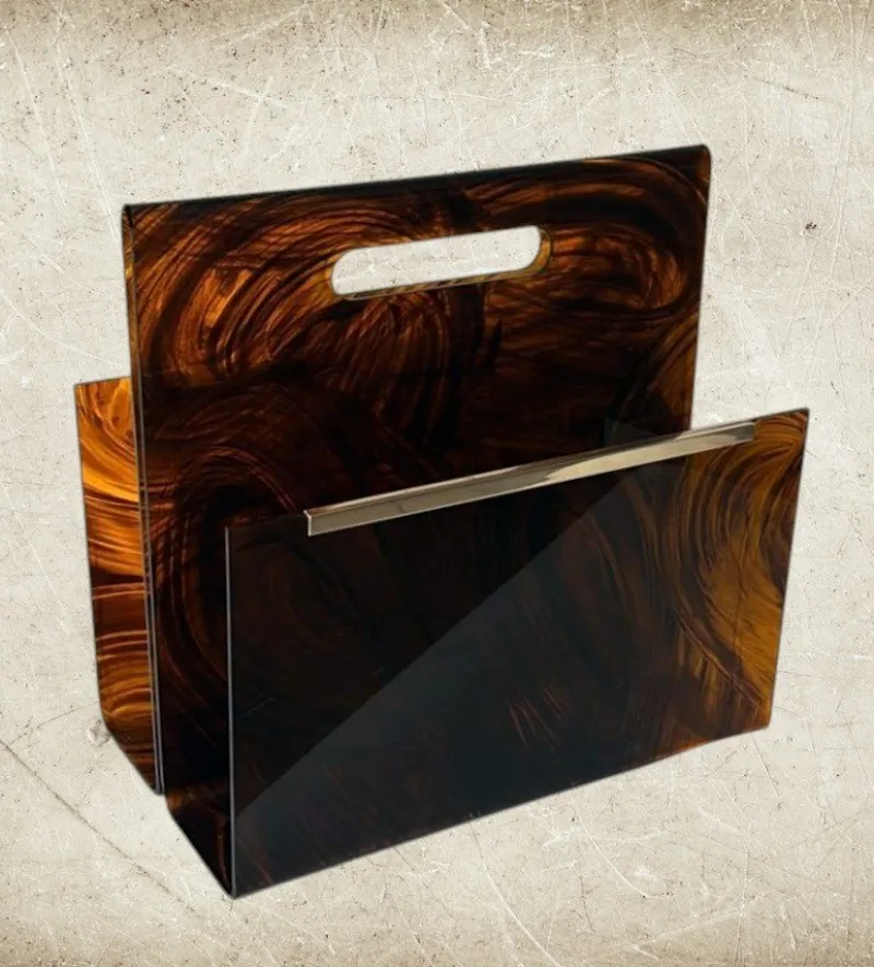 Pamono Italian Tortoiseshell Acrylic Glass and Brass Magazine Rack, 1975> Magazine Racks