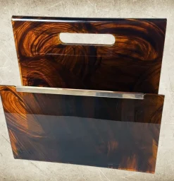 Pamono Italian Tortoiseshell Acrylic Glass and Brass Magazine Rack, 1975><noscript><img width=