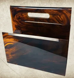 Pamono Italian Tortoiseshell Acrylic Glass and Brass Magazine Rack, 1975><noscript><img width=