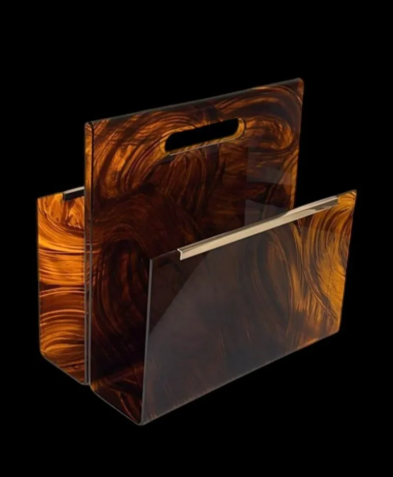 Pamono Italian Tortoiseshell Acrylic Glass and Brass Magazine Rack, 1975> Magazine Racks