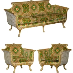 Pamono Italian Versace Silk Velvet Upholstered & Giltwood Sofa and Armchairs, Set of 3> Living Room Sets