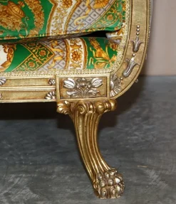 Pamono Italian Versace Silk Velvet Upholstered & Giltwood Sofa and Armchairs, Set of 3><noscript><img width=