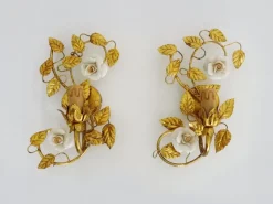 Best Pamono Italian Wall Lights with Gold Leaf and Rose Ceramic Foliage, 1970s, Set of 2
