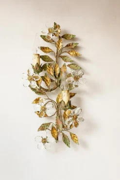 Pamono Italian Wall Sconce with Metal Leaves and Crystal Flowers, 1980s> Wall Lights & Sconces