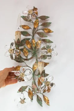 Pamono Italian Wall Sconce with Metal Leaves and Crystal Flowers, 1980s> Wall Lights & Sconces