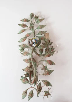 Pamono Italian Wall Sconce with Metal Leaves and Crystal Flowers, 1980s><noscript><img width=