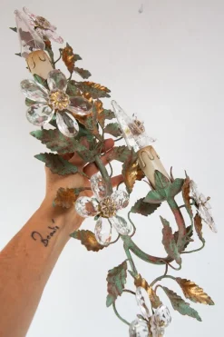 Pamono Italian Wall Sconce with Metal Leaves and Crystal Flowers, 1980s><noscript><img width=