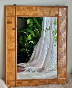 Pamono Italian Woven Rattan Mirror with Stitched Bamboo Details, 1970s> Mirrors