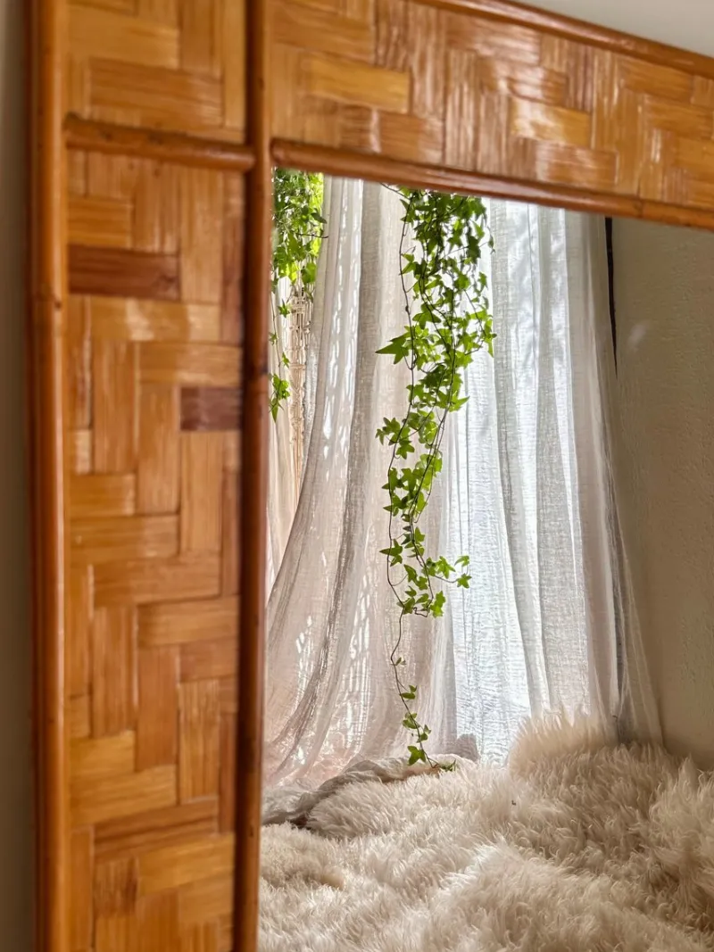 Pamono Italian Woven Rattan Mirror with Stitched Bamboo Details, 1970s> Mirrors