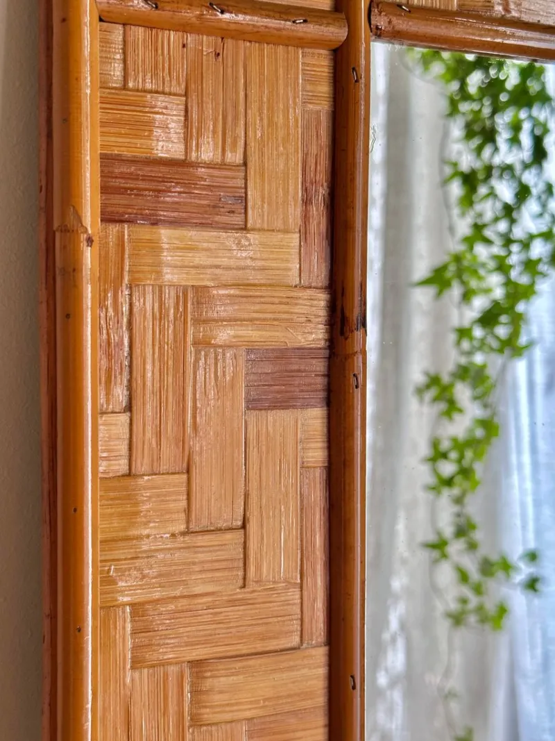 Pamono Italian Woven Rattan Mirror with Stitched Bamboo Details, 1970s> Mirrors