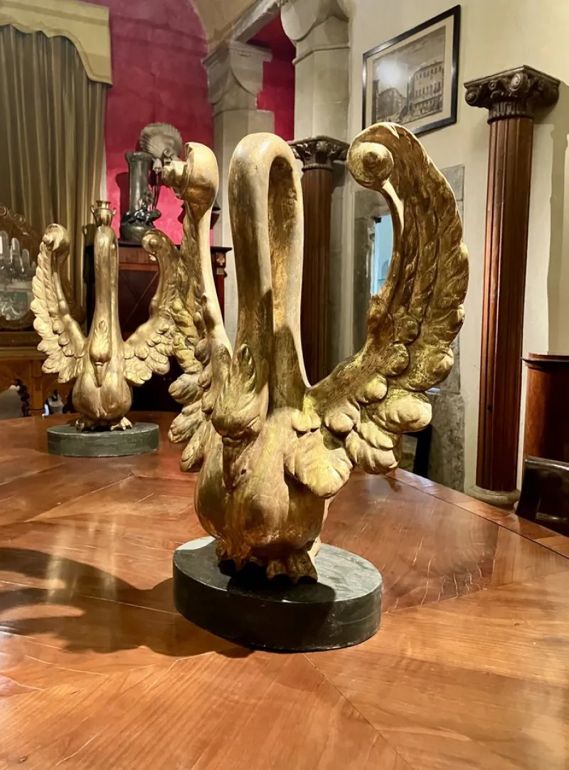Pamono Ittalian Artist, Empire Period Decorative Swan Sculptures, 1800s, Giltwood, Set of 2> Old Masters