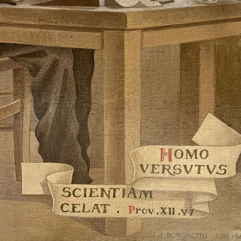 Pamono J. J. Borghetto, The Alchemist and the Snake Hunter in Pendant, 1945, Oil on Canvases, Set of 2> Mid-Century