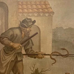 Pamono J. J. Borghetto, The Alchemist and the Snake Hunter in Pendant, 1945, Oil on Canvases, Set of 2><noscript><img width=