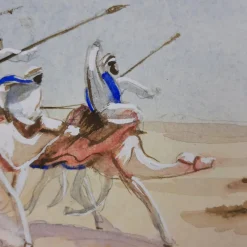 Pamono J. J. Saurat, Subjects on Camels in the Desert, 20th Century, Watercolor, Framed