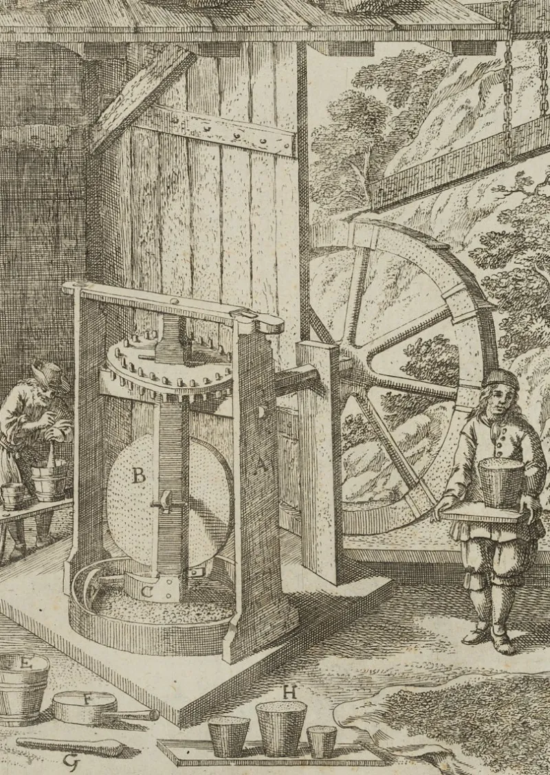 Pamono J. Meyer, Representation of an Oil Mill, 17th-century, Etching> Old Masters