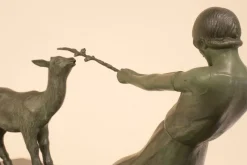Best Pamono Janle, Art Deco Sculpture, Youth with Goat, France, 1930, Metal on Marble Base