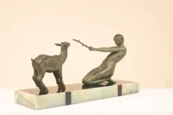 Best Pamono Janle, Art Deco Sculpture, Youth with Goat, France, 1930, Metal on Marble Base
