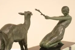 Best Pamono Janle, Art Deco Sculpture, Youth with Goat, France, 1930, Metal on Marble Base