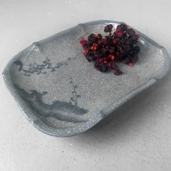 Pamono Japanese Craquelé Ceramic Dish with Sakura Decor, 1920s-1940s><noscript><img width=