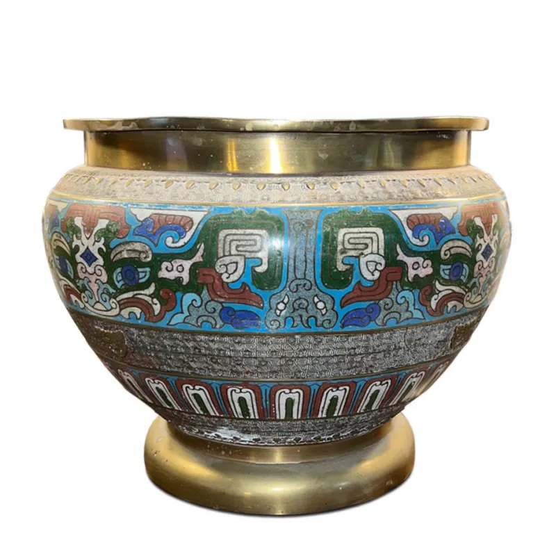 New Pamono Japanese Enamel and Brass Jardiniere, 1920s