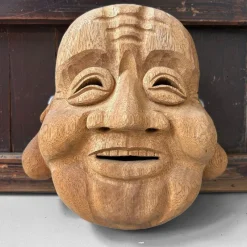 Pamono Japanese Hand-Carved Hotei God of Happiness Mask, 1980s> Wall Decor