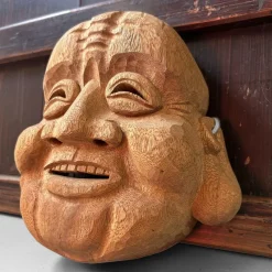 Pamono Japanese Hand-Carved Hotei God of Happiness Mask, 1980s> Wall Decor